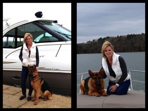 Owner and her protection dog on a boat